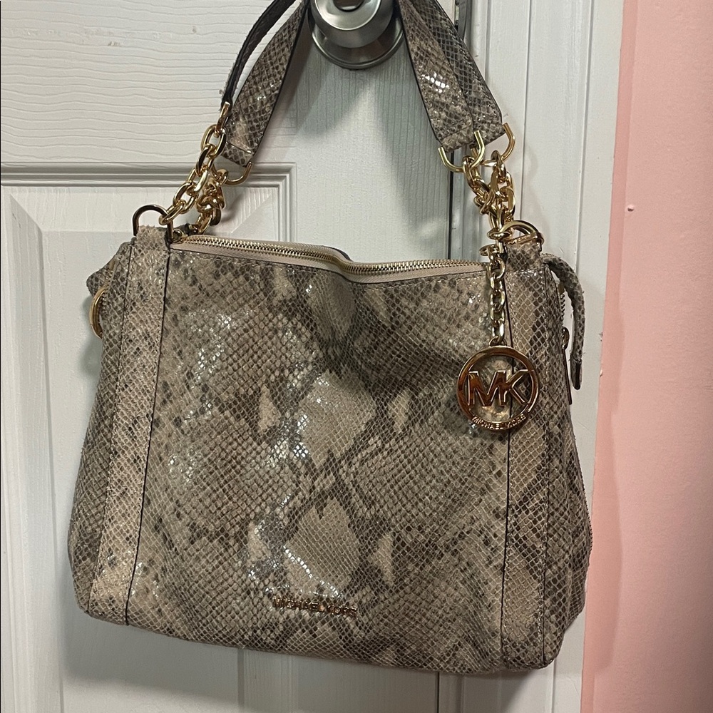 Michael Kors Neutral Snake-Print Shoulder Bag with Gold Hardware